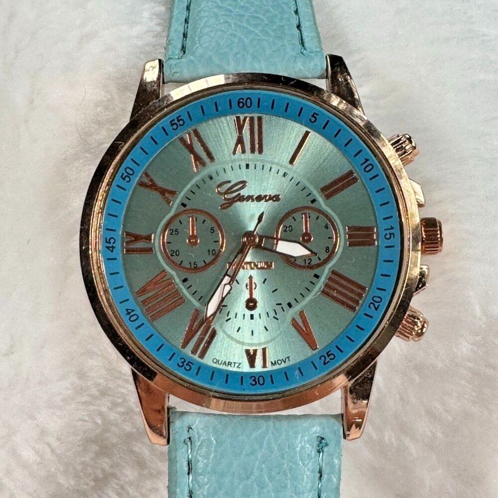 Geneva Faux Chronograph Watch Mint Blue Rose Gold Roman Numeral Oversized Watch